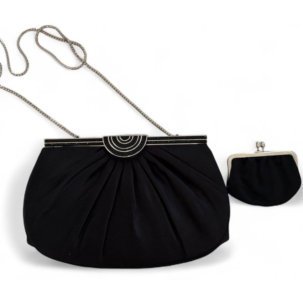 JUDITH LEIBER black satin jeweled clasp clutch bag chain strap handbag Dust Bag - Picture 8 of 12